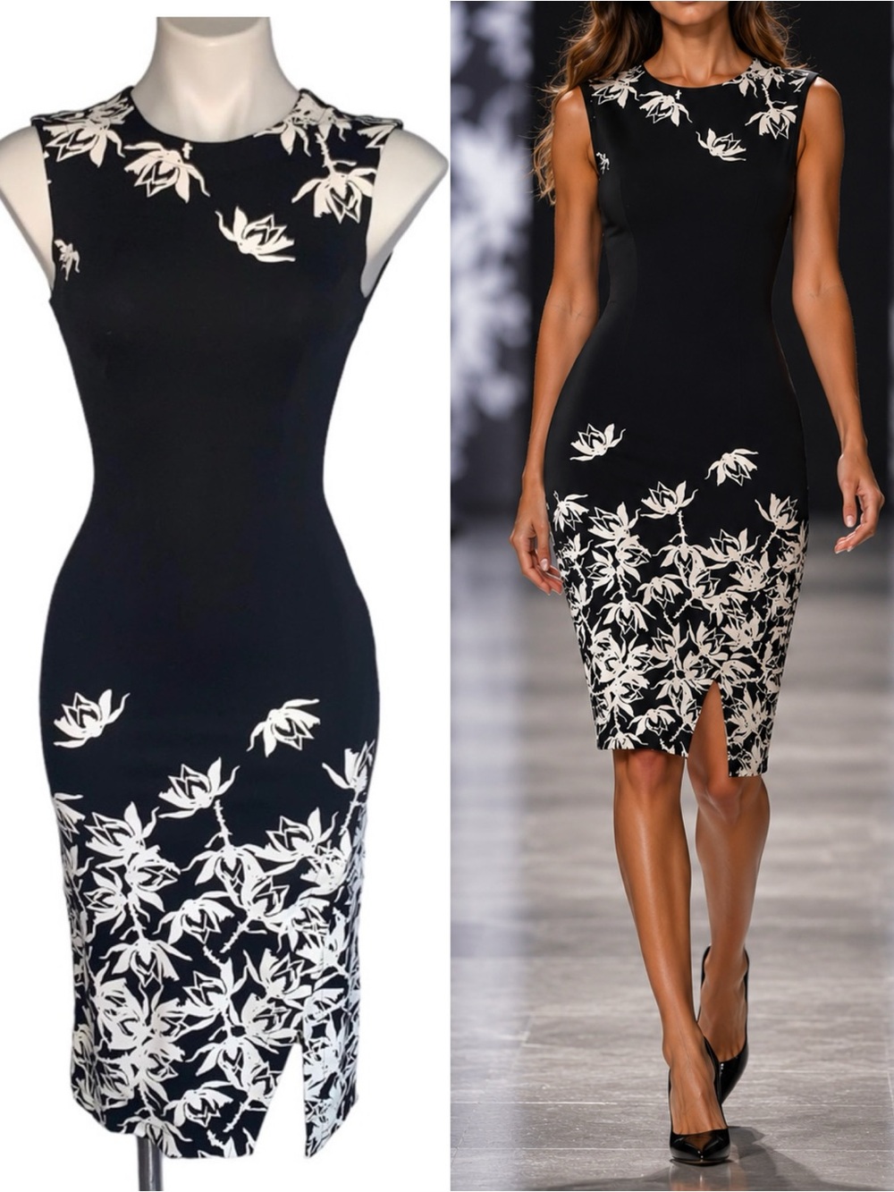 Yyigal Fitted Leaf Print Sheath Dress Side Slit NEW